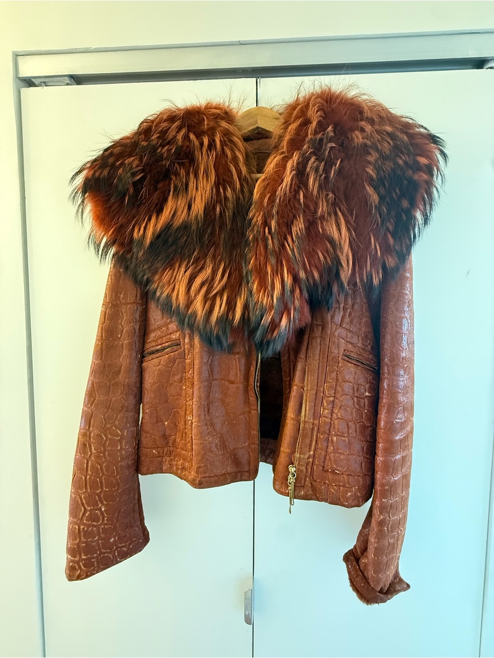 Gianfranco Ferre Croc-Embossed Cognac Leather Jacket with Multi-Tone Fur Collar